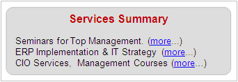 Services Summary: 
Seminars for Top Management
ERP Implementation and Strategy Consulting
CIO Services